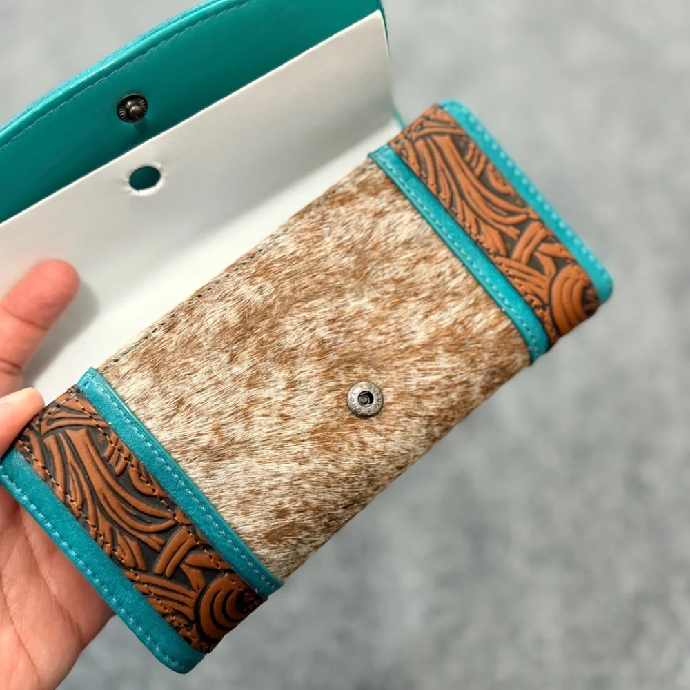Montana West Hair-On Hide Tooled Wallet – Western Wristlet Brown- Turquoise